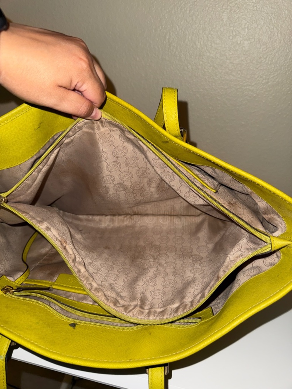 Michael Kors Chartreuse Leather Tote with MK Charm - Picture 5 of 6